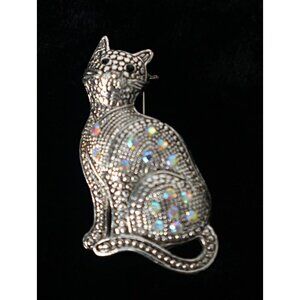 Vintage Cat Silver Tone Butler Rhinestone Brooch Pin